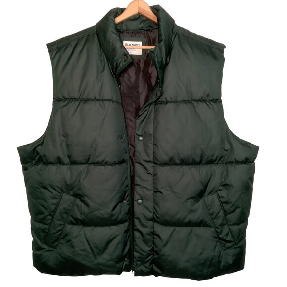 Old Navy Puffer Vest Men XXL Forest Green Jacket Snap Zip Up Recycled - Picture 2 of 11